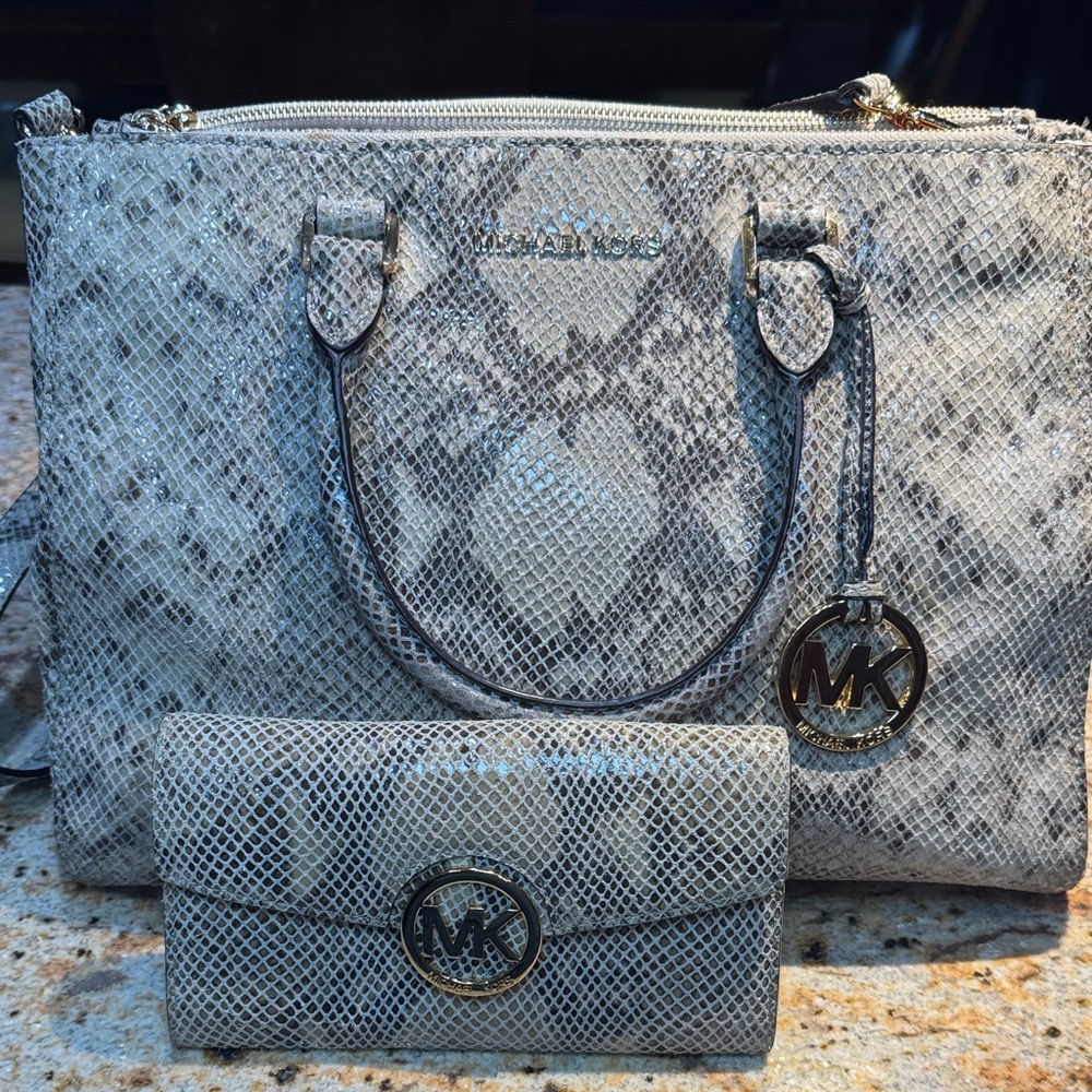 Michael Kors Snake Print Satchel and Wallet Set